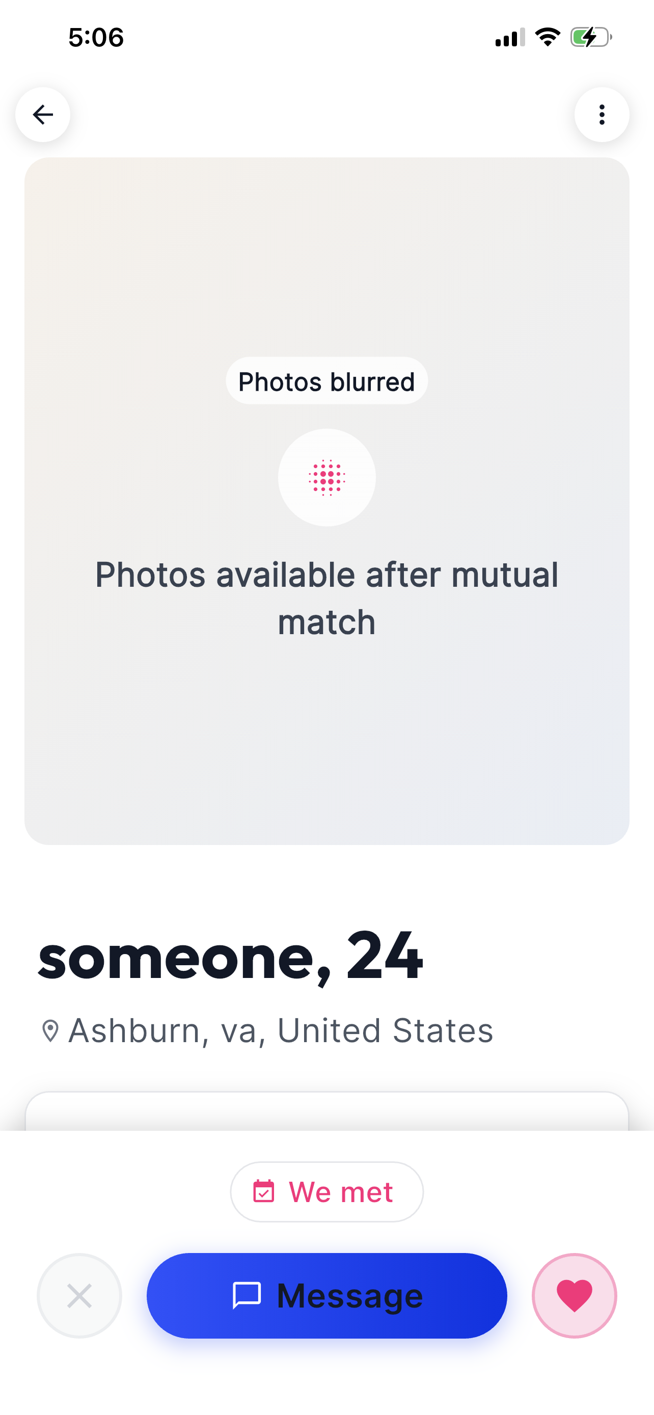 Jore profile screen showing blurred photos available after a mutual match.