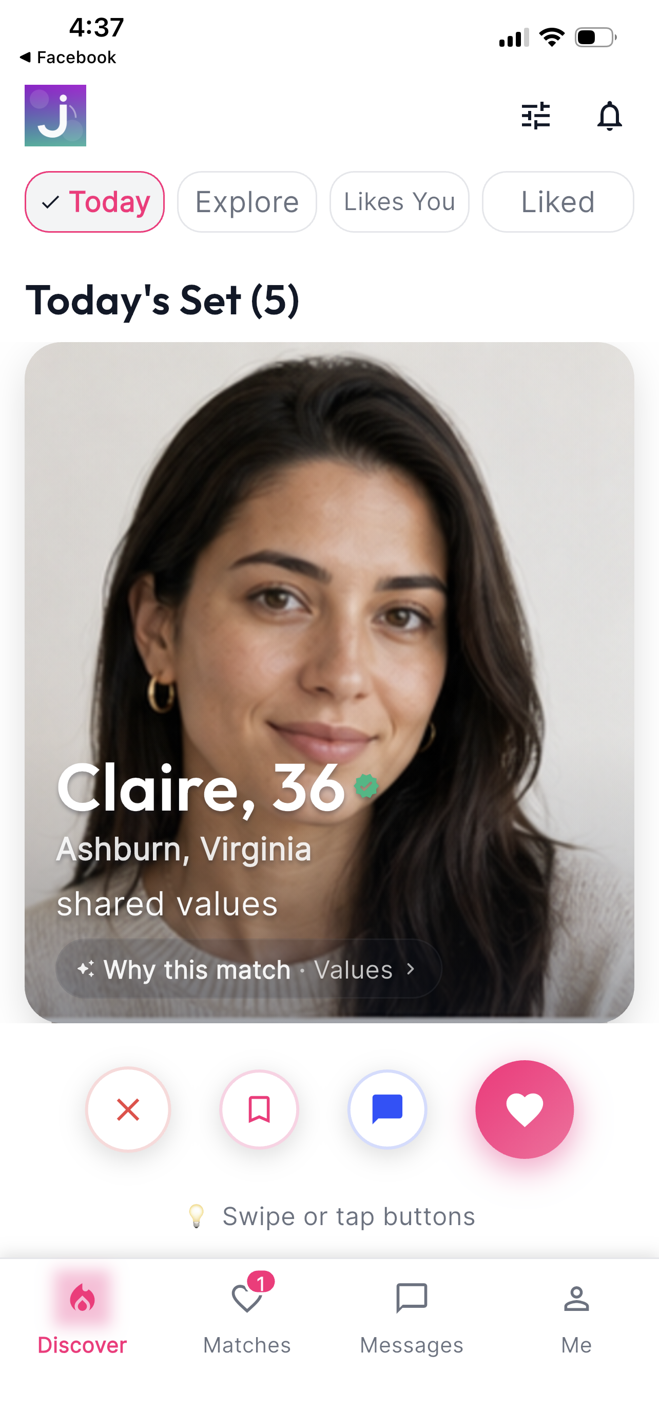 Jore Daily 5 screen with curated introductions and match context.