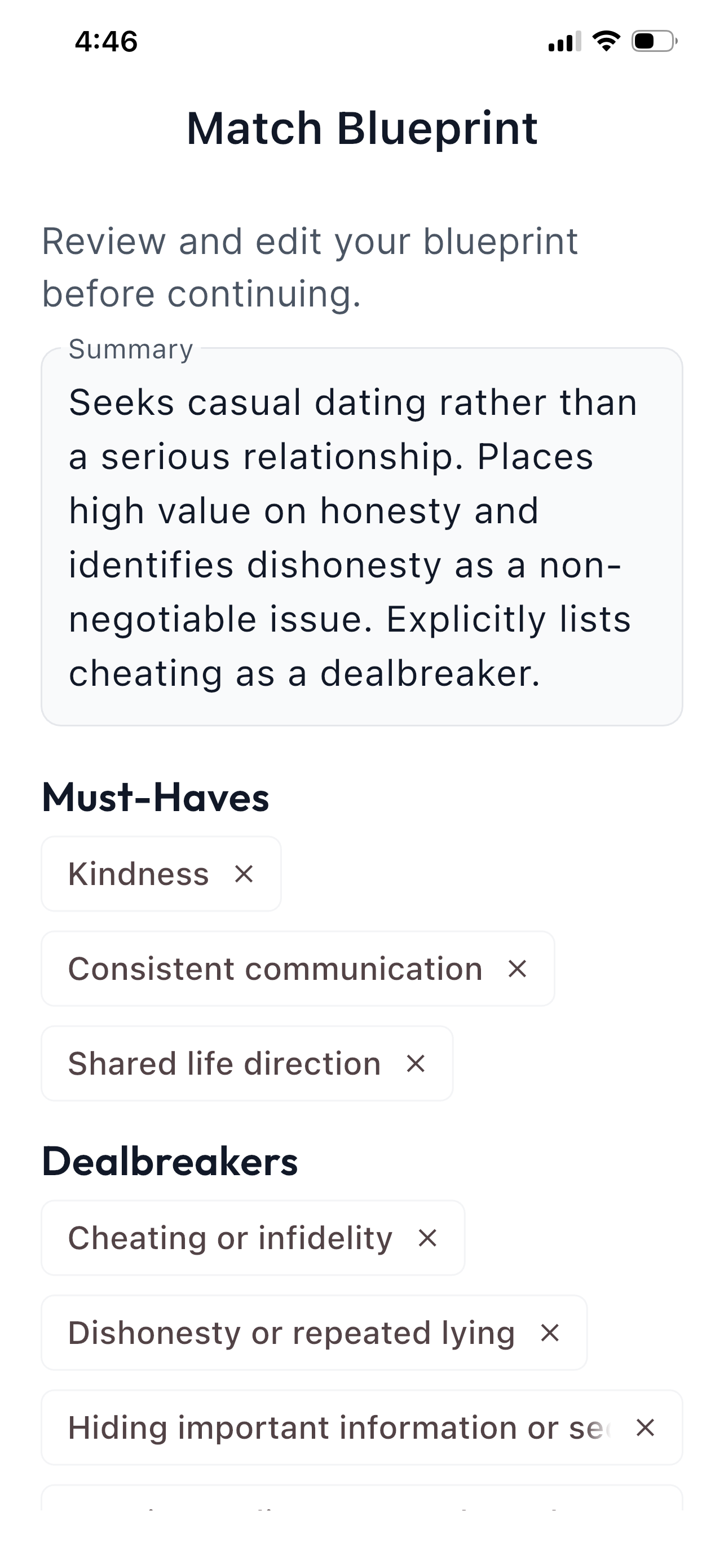 Jore Match Blueprint screen with explainable compatibility reasons.