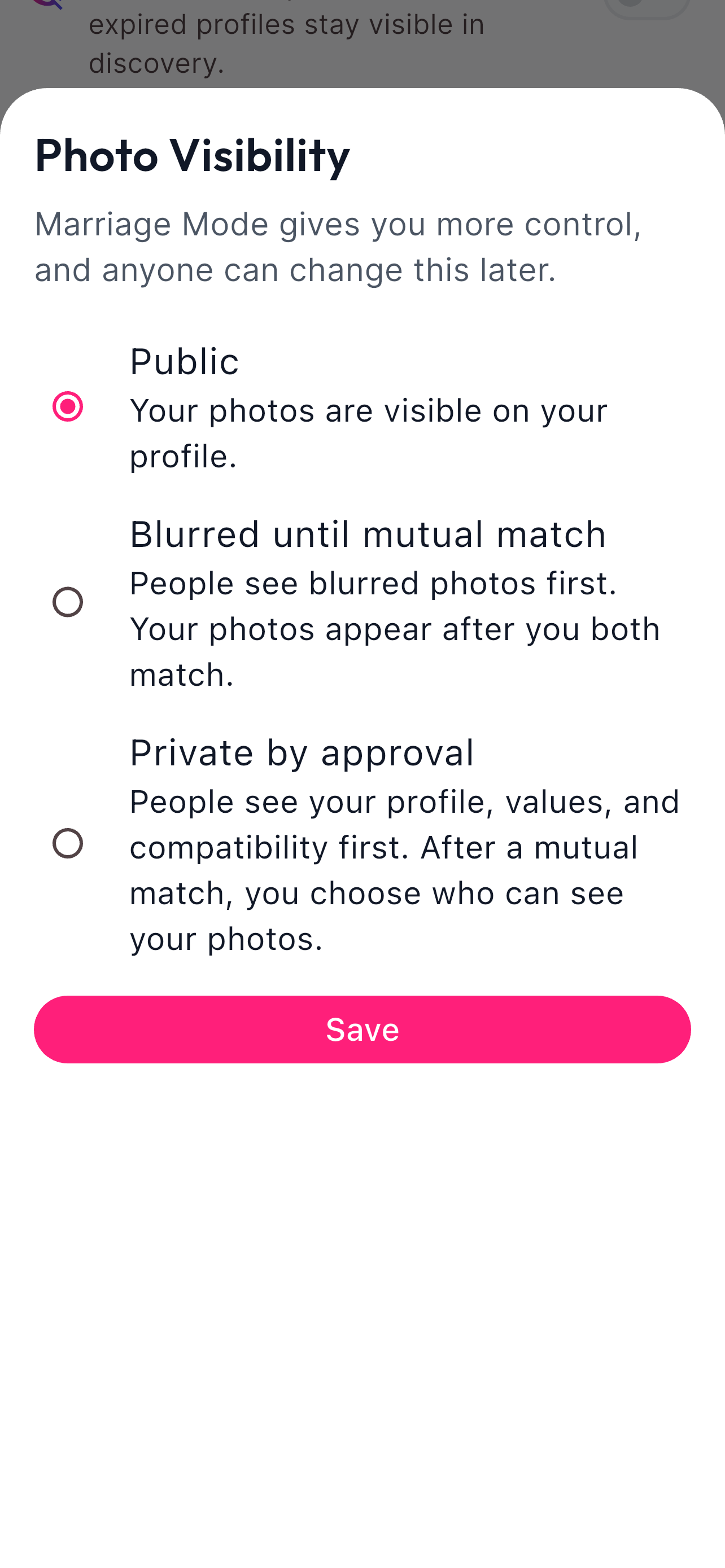 Jore Photo Visibility settings screen with public, blurred until mutual match, and private by approval options.